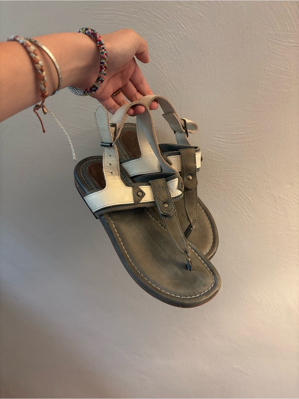Women’s Freebird White and Olive Green Leather Sandals